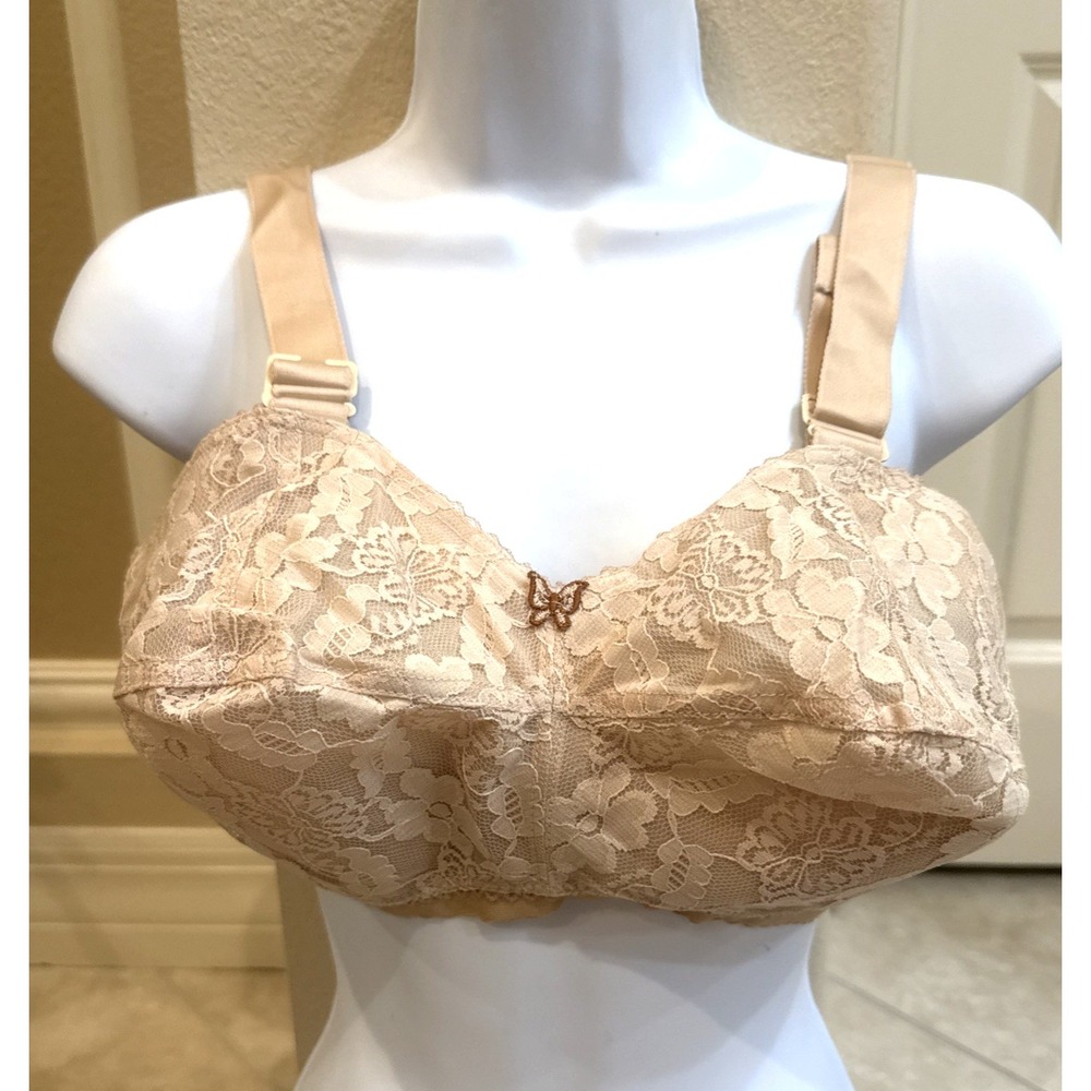 Vtgโ New 32HH LADY CAMEO Floral Bullet BRA Beige Lace Pointed Cups Wireless USA